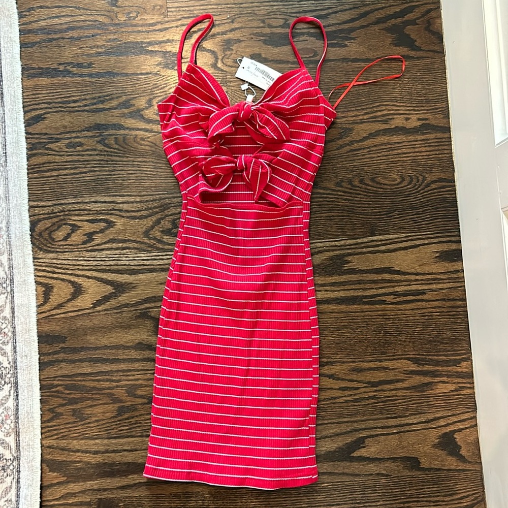 Red and white striped mini dress with front cut out, NWT size M